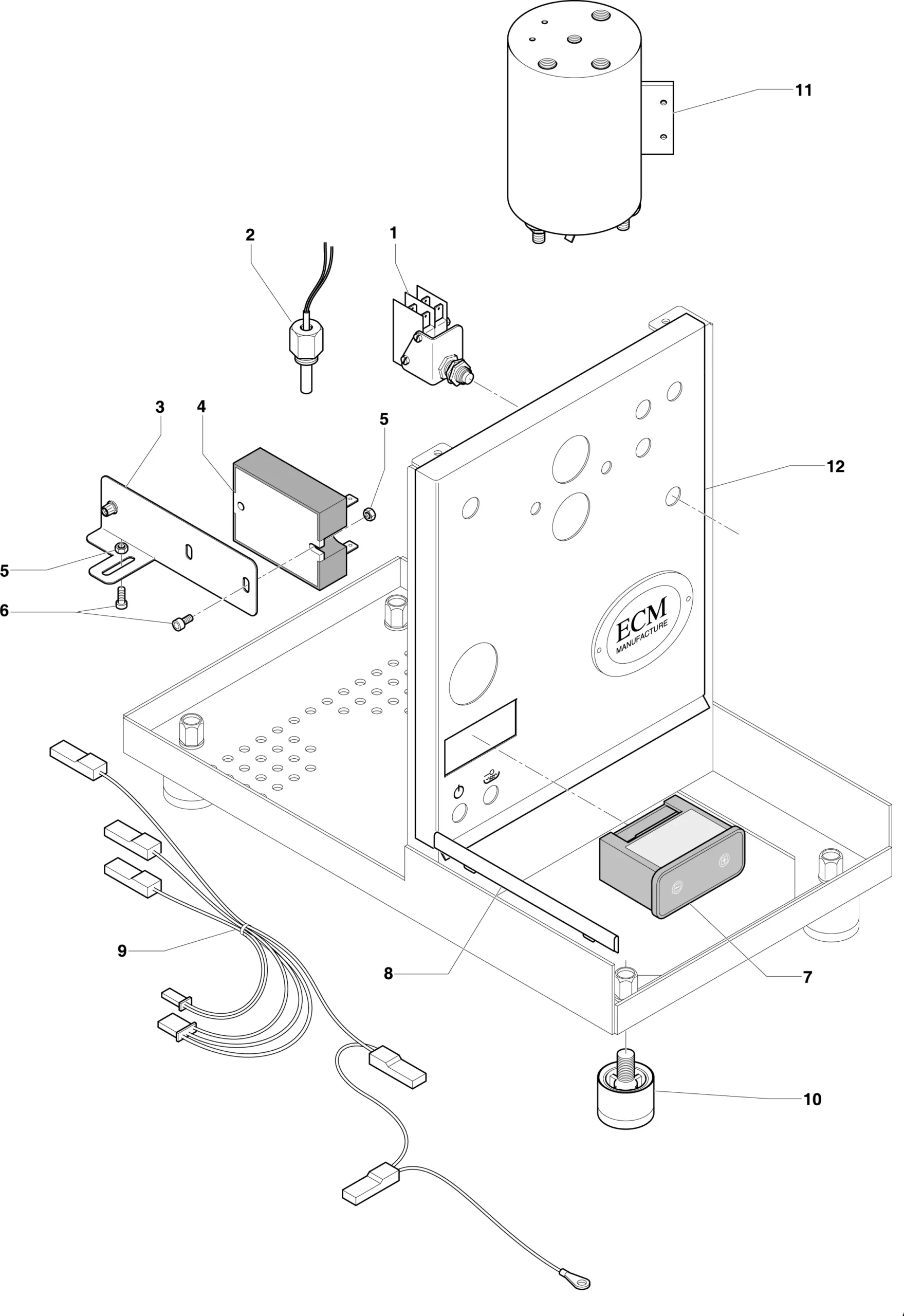 Exploded Parts Diagram of ECM Classika II coffee machine components, including a pump, electrical cables, mounting brackets, switches, a circuit board, and the main enclosure with labeled parts and assembly layout.