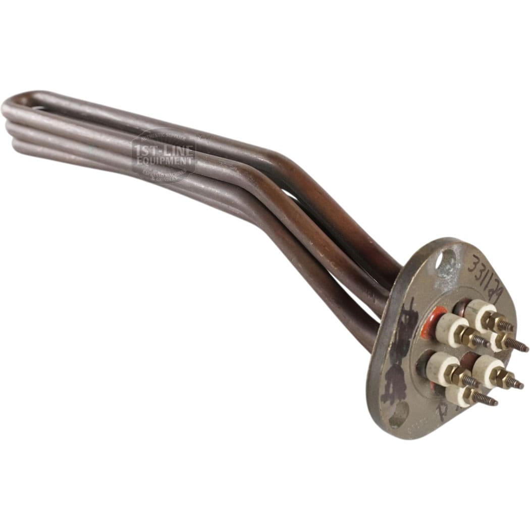 The Heating Element P76 220V 4000W for 2-3 Group Pavoni features three bent rods on a circular base, with four electrical connectors and included nuts and washers. Compatible replacement for Pavoni machines.