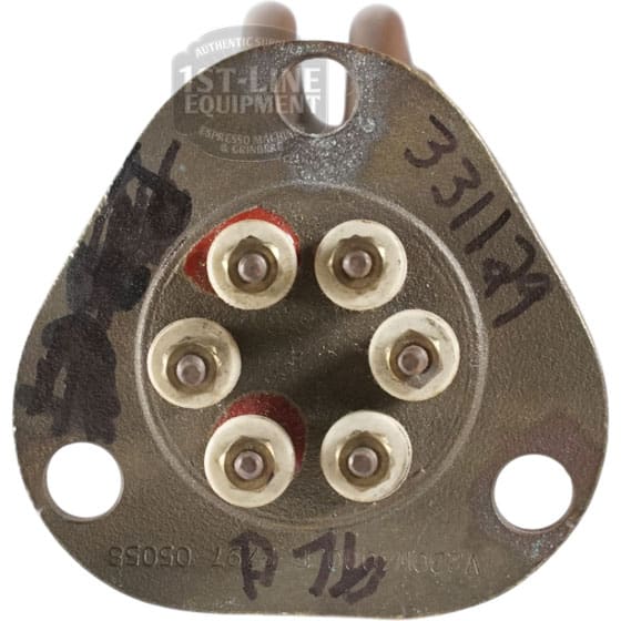 A close-up of the Heating Element P76 220V 4000W for 2-3 Group Pavoni, featuring six circular connectors in a hexagonal layout, labeled with voltage and wattage, plus two mounting holes at the base.