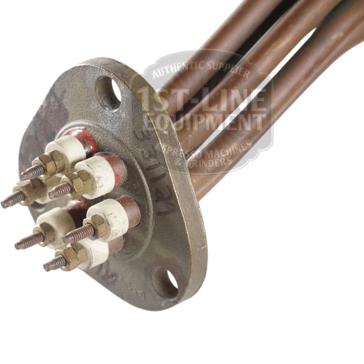 Close-up of the Heating Element P76 220V 4000W for 2-3 Group Pavoni, showing six electrical terminals on a circular mounting plate with brown insulated wires extending from it.