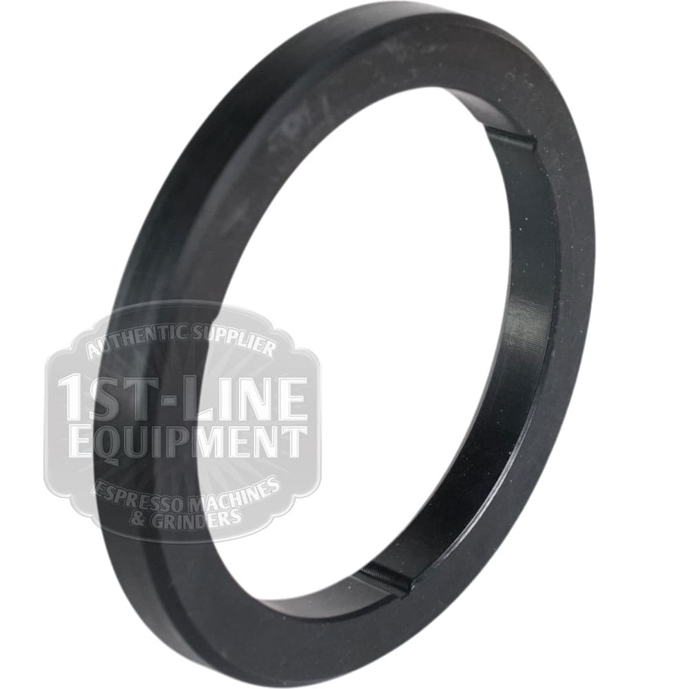 The Sanremo Portafilter Gasket 73x57x8.2 mm is a black, circular plastic ring with a flat edge and two notches, shown on a white background. Watermarked with "1st-Line Equipment Authentic Supplier Espresso Machines & Grinders.