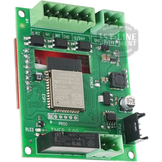 Close-up of a green electronic circuit board featuring various components, connectors, and an ESP32 microcontroller. The board has labeled pins and terminals for wiring and is compatible with the ACS VOS0176 Timer module.