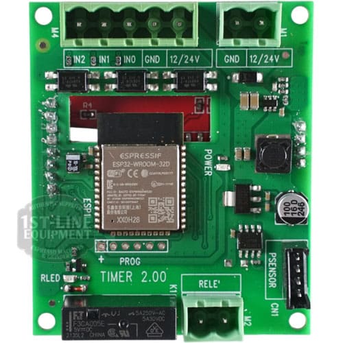 The ACS VOS0176 Timer is a green circuit board with an ESP32-WROOM-32D WiFi module, multiple connectors, labeled pins, various electronic components, and a TIMER 2.00 label printed at the bottom.