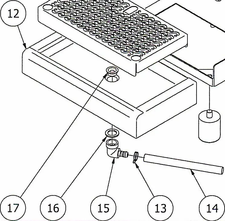 A black-and-white technical diagram shows labeled components of a mechanical system, including a grate (12), a tray (16), a pipe (13), an elbow joint (15), and a cylindrical part (14); arrows connect labels to each part. 2025 1st-line.com