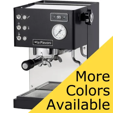 A black La Pavoni Casabar PID Espresso Machine featuring silver details and a pressure gauge. A yellow diagonal banner in the corner reads "More Colors Available" in bold black text.
