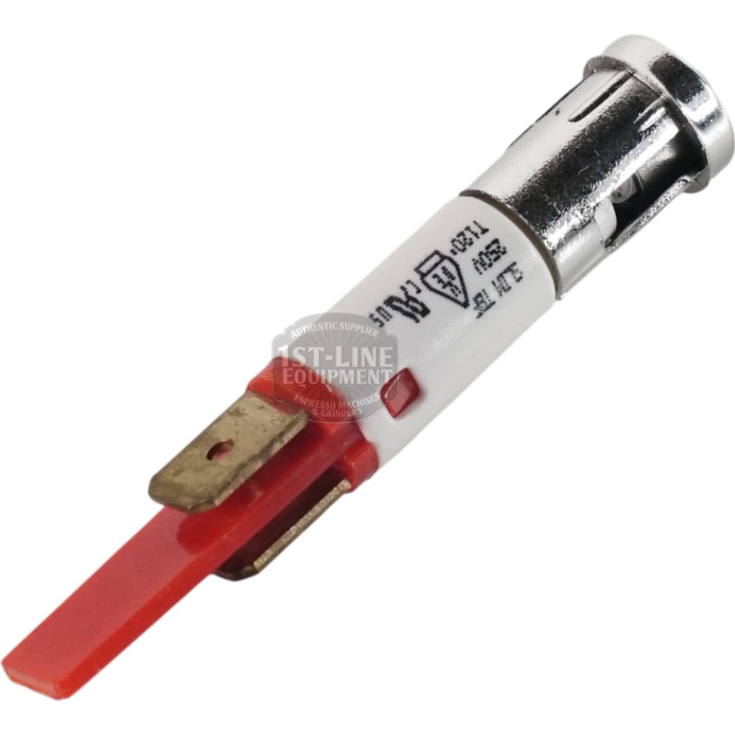 A close-up of a Torre LAMP0004 Red LED electrical thermal fuse, featuring a white body, red LED test lever, metal prongs, and manufacturer markings on the side.