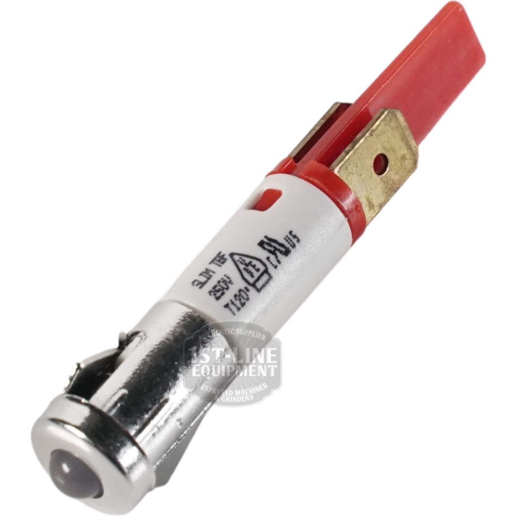 A close-up of the Torre LAMP0004 Red LED, featuring metal connectors and a labeled cylindrical body, designed for panel mounting.