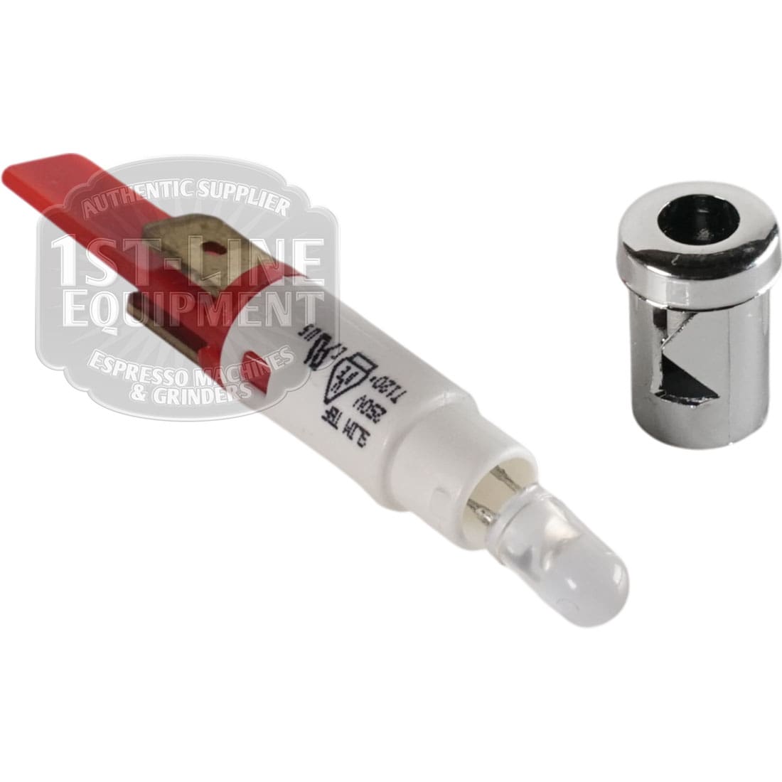 A red and white electrical fuse with metal connectors is next to a small cylindrical silver metal component and the Torre LAMP0004 Red LED, all placed on a white background.
