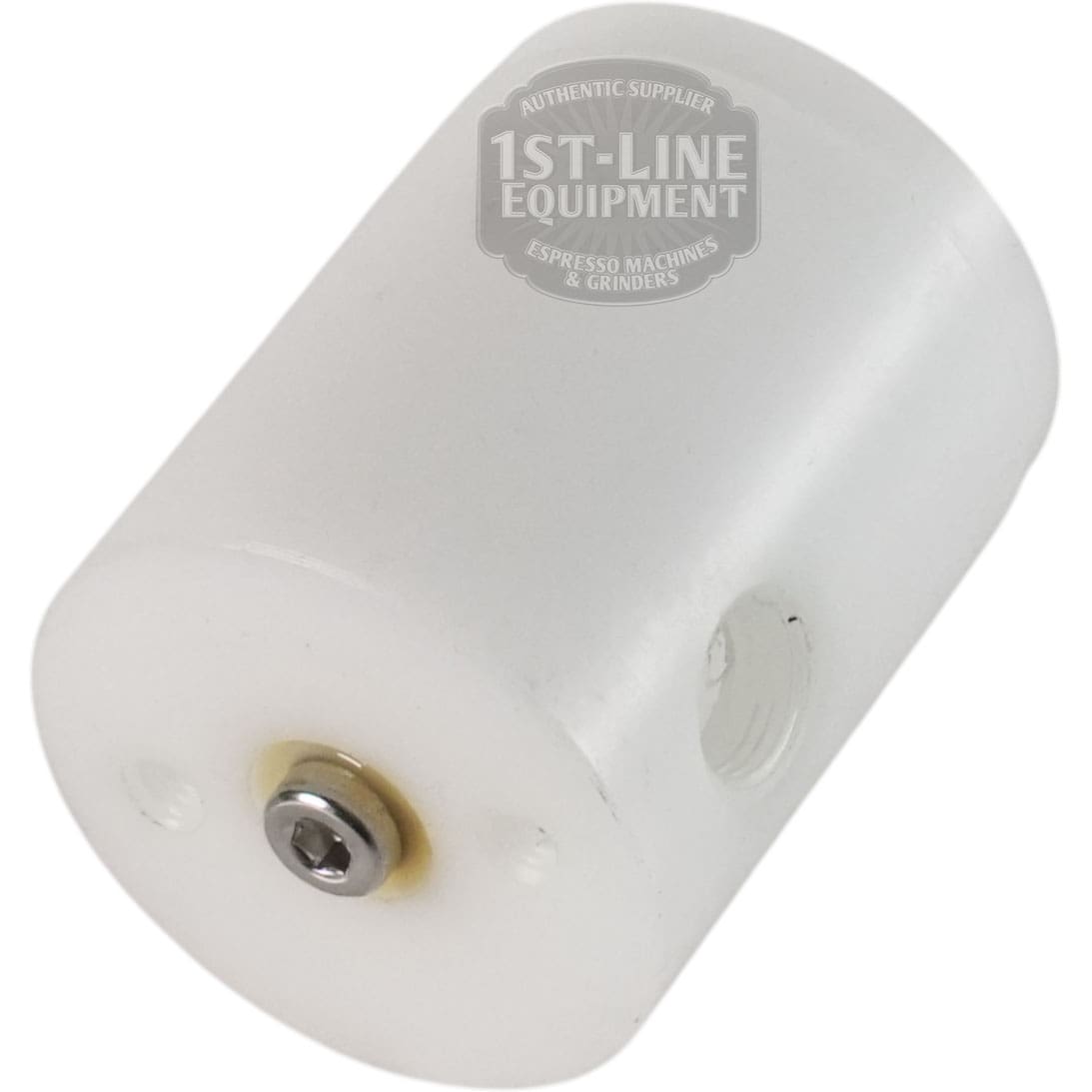 The Torre RACCS004 Tank Connection Female Fitting is a white cylindrical plastic part with a side threaded female fitting and a metal screw on one end, labeled with the 1st-Line Equipment logo, designed for espresso machines and grinders.