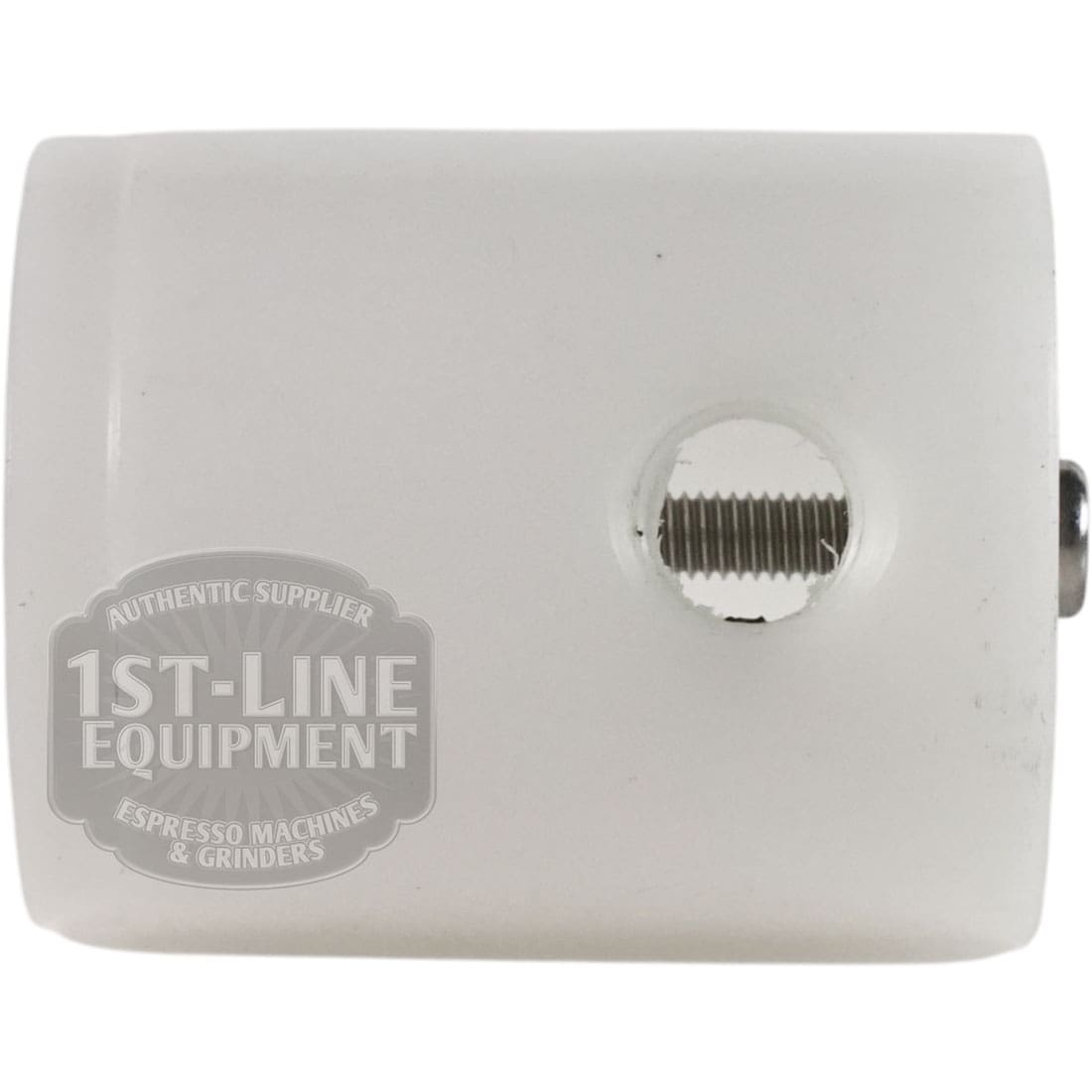 The Torre RACCS004 Tank Connection Female Fitting is a white cylindrical plastic part with a side hole containing a small metal screw, used in espresso machines and grinders. It features the 1st-Line Equipment watermark on the left side.