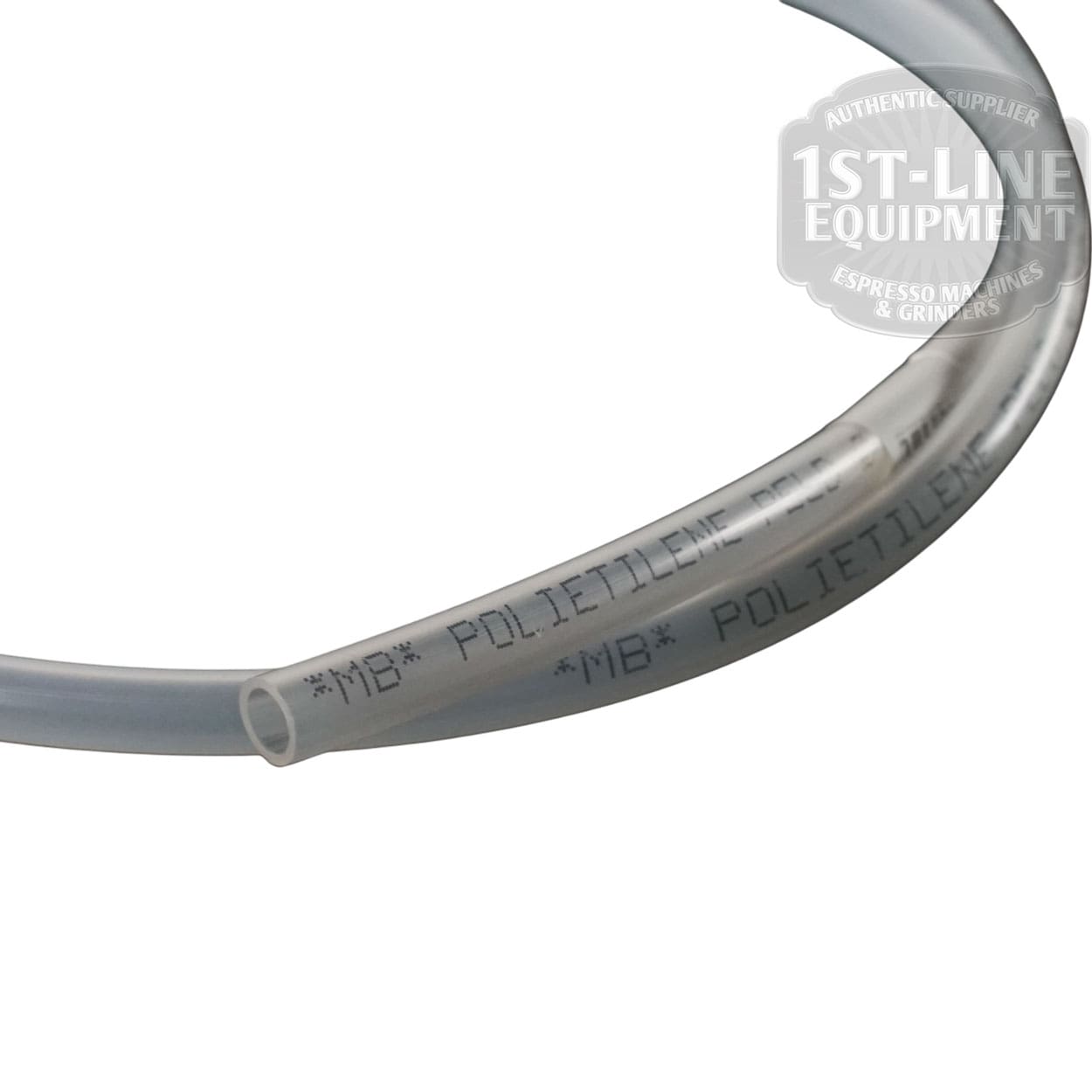The ACS VES0061 Drain Line, made of clear polyethylene tubing labeled "MB POLIETILENE," comes coiled with a 1st-Line Equipment logo watermark—ideal for use as an ACS drain line or replacement for your current setup.