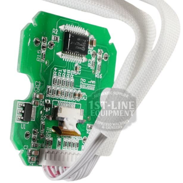 The Bellezza 01.07728 Bellona Version 2 Display Board features a green PCB with electronic components, white ribbon cable, and labeled parts. The background shows a 1st-Line Equipment watermark logo.