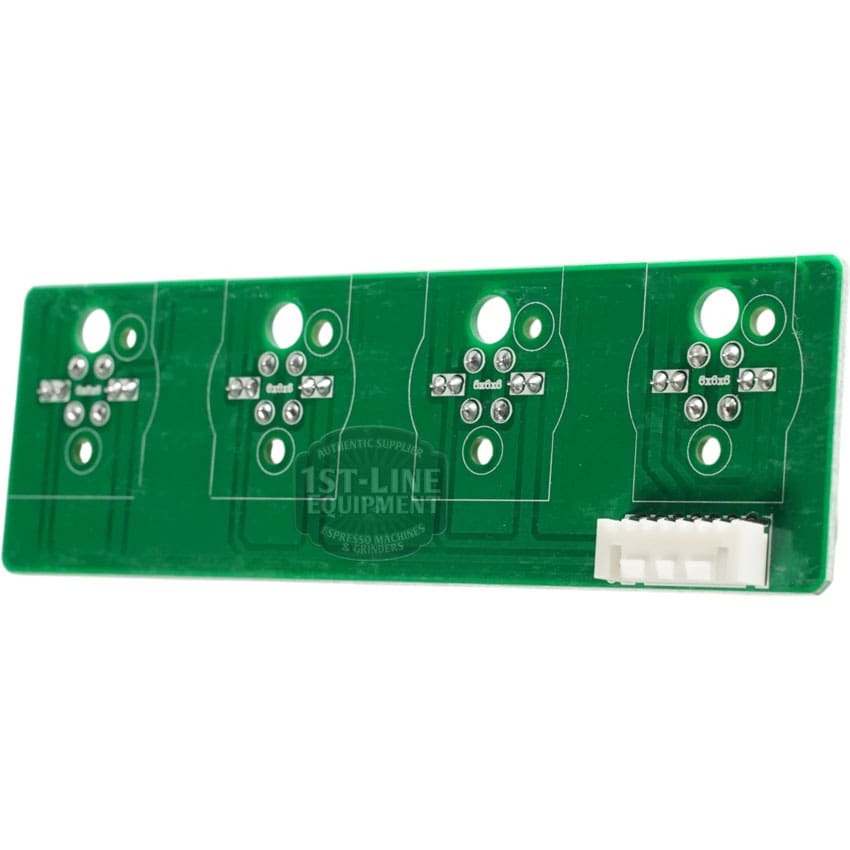 The Bellezza 95.05486 Bellona Touch Pad Board is a green PCB with multiple solder points, circuit pathways, four labeled sections, and a white connector port on one side.