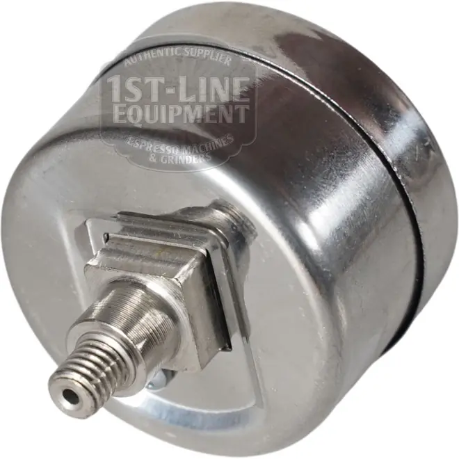 A close-up of a shiny metal portafilter pressure gauge adapter with a threaded end, designed for Flow Control compatibility on the La Pavoni Botticelli Evolution Dual Boiler Espresso Machine.