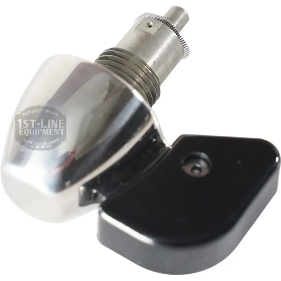 A shiny silver and black metal Flow Control part for the La Pavoni Botticelli Evolution Dual Boiler Espresso Machine is shown on a white background. The silver section is rounded, reflective, and features a knob and screw.