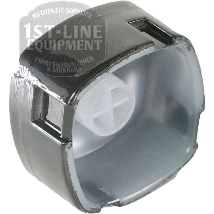 A close-up of a gray plastic and metal Carimali (37.05209.L1) Square Key Selection Button with rectangular cutouts and a cross-shaped center, featuring the 1st-Line Equipment logo in the corner.