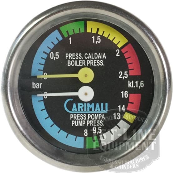 The Carimali (95.01545) Double Scale Pressure Gauge displays boiler and pump pressure in bar with colored zones: blue (0–3), green (8–9.5), yellow (1–1.5), and red (1.6–6).