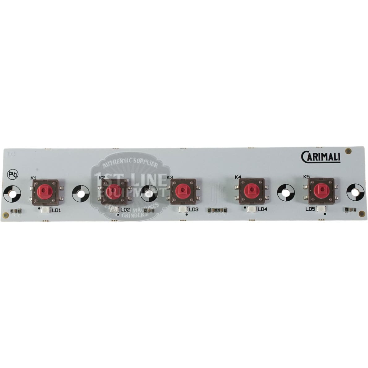 The Carimali (96.05458) Cento/Bubble Keypad has a rectangular white circuit board labeled CARIMALI at the top right, featuring five red push buttons in a row plus black and silver components.