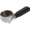 The Isomac 53mm Dual Spout Portafilter features a durable metal body with a black handle, shown isolated on a white background.
