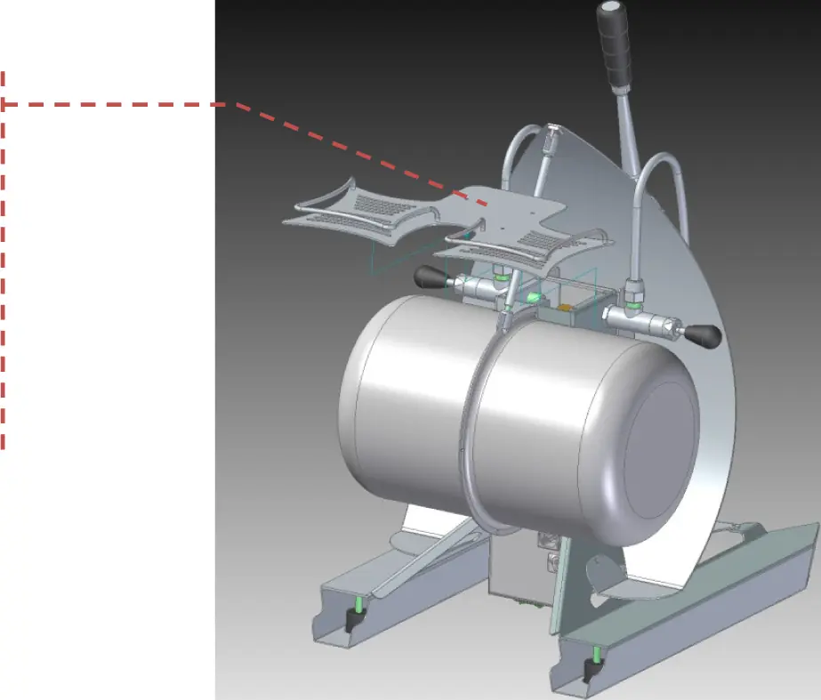 3D rendering of a mechanical device with a cylindrical tank, control handles, metal base, and highlighted pressurestat component above the tank. Dashed red lines indicate focus on the detached Ventus 110V part in this setting.