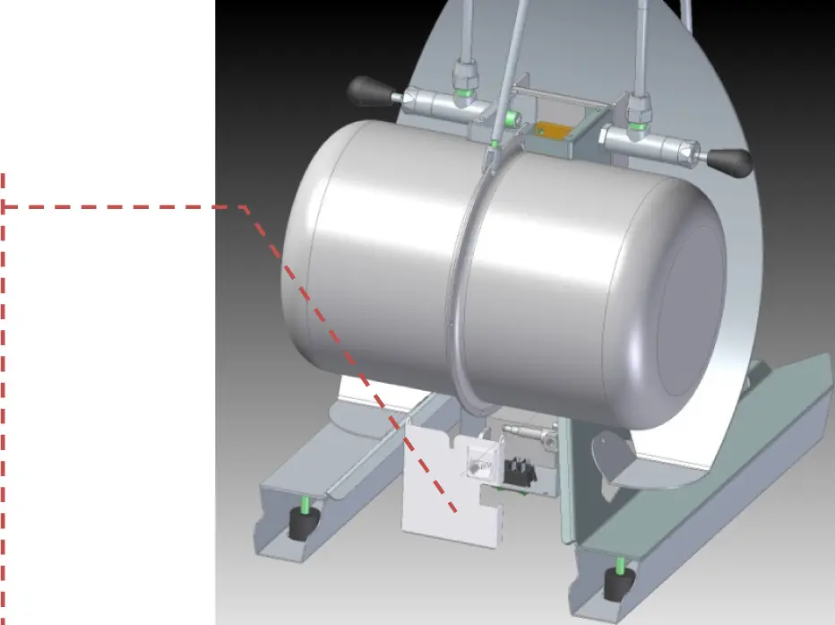 3D render of a cylindrical metal tank mounted on a support frame with pipes connected to the top. A dashed red line highlights the Pressurestat component underneath the tank near the frame base, indicating its critical setting location.