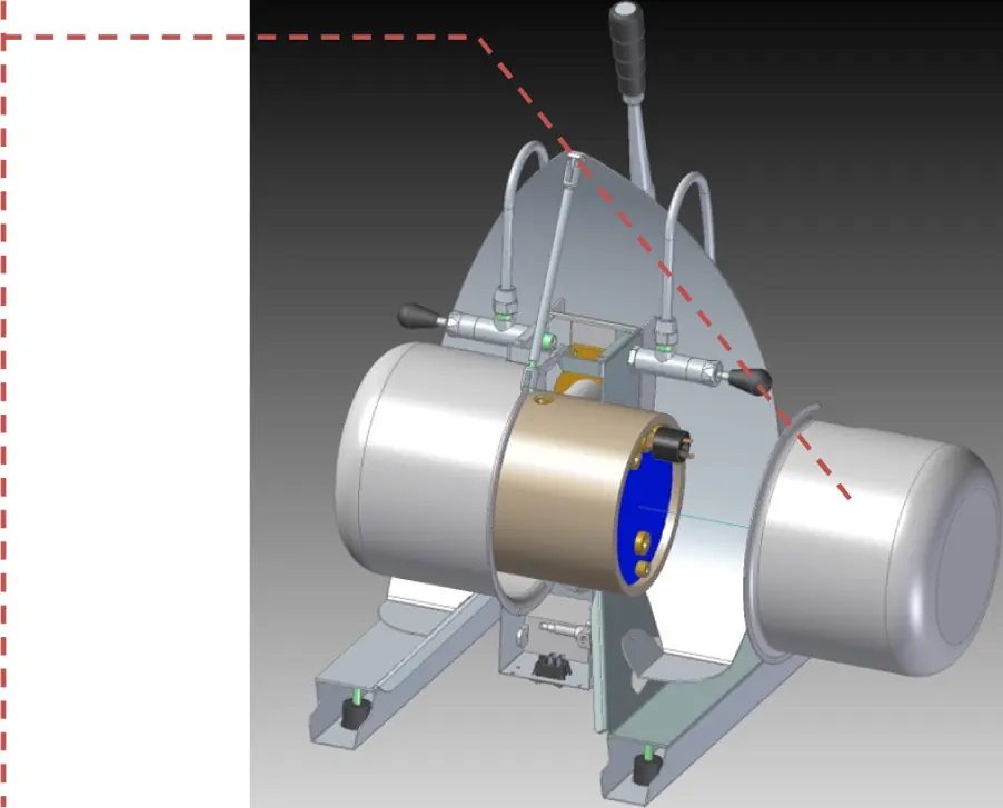 3D rendered model of a Ventus mechanical device featuring two cylindrical tanks mounted on either side of a central metallic frame with hydraulic lines, levers, a blue circular component facing forward, and an integrated Pressurestat.