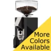 A black Eureka Mignon Silenzio 55 Espresso Coffee Grinder with a clear bean hopper filled with coffee beans. A yellow triangle at the bottom right says “More Colors Available” in bold black text.