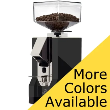 A black Eureka Mignon Silenzio 55 Espresso Coffee Grinder with a clear bean hopper filled with coffee beans. A yellow triangle at the bottom right says “More Colors Available” in bold black text.