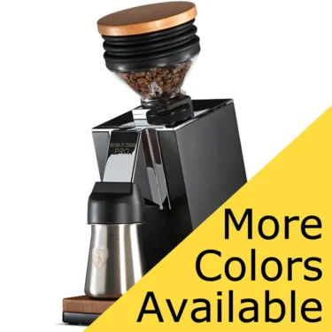 The Eureka Mignon Single Dose Pro Espresso Coffee Grinder features a wooden-lid hopper filled with coffee beans and a stainless steel container. A yellow banner in the corner states: More Colors Available.