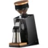 A modern black Eureka Mignon espresso coffee grinder with a transparent bean hopper and wooden accents, featuring a stainless steel container for ground coffee positioned at the front—ideal as a single dose grinder.
