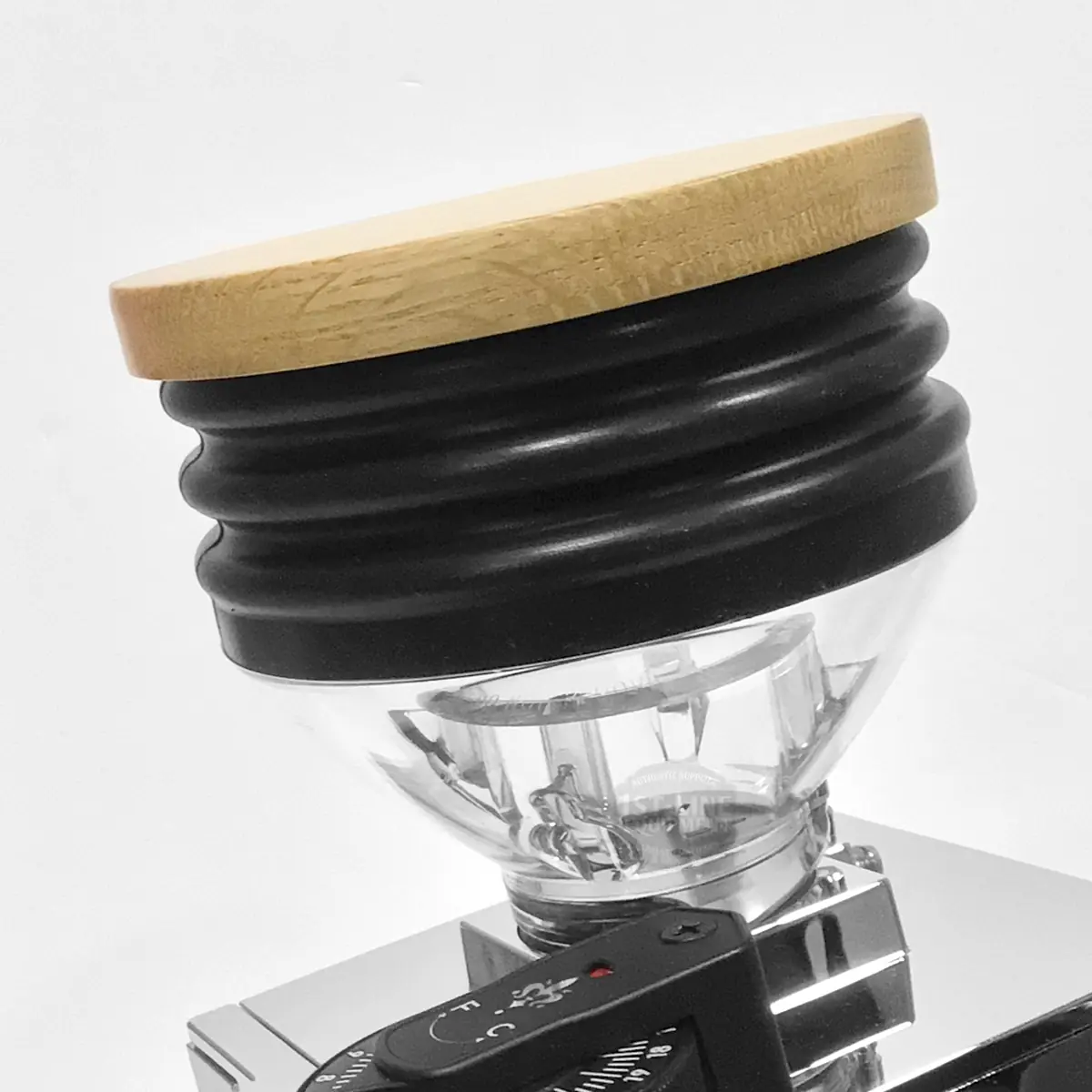 The Eureka Mignon Single Dose Pro Espresso Coffee Grinder features a clear bean hopper, black accordion-shaped collar, and flat wooden lid—ideal for precise single dose grinding against a clean white background.