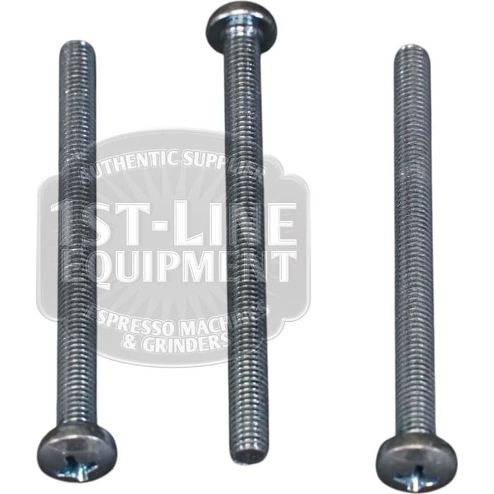 Three metal screws, including an Eureka 6060.0228 Screw M5x65 with a round head, stand vertically on a white background. The middle screw appears slightly shorter than the ones on either side.