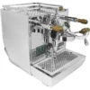The Torre Adele Dual Boiler Espresso Machine offers shiny stainless steel construction, dual gauges, wooden handles, and a drip tray for brewing professional-quality coffee at home or in a café.